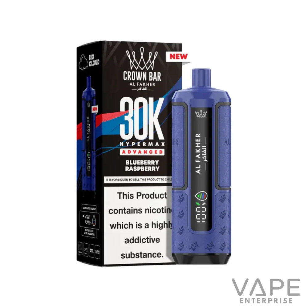 Blueberry Raspberry flavored Crown Bar Al Fakher 30K Hypermax Advanced disposable vape with nicotine warning