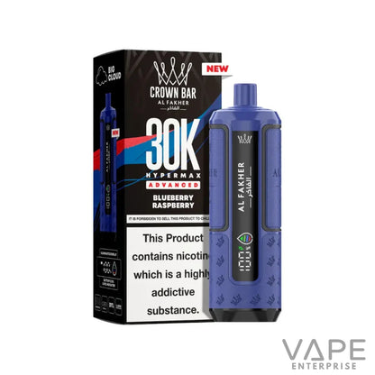 Blueberry Raspberry flavored Crown Bar Al Fakher 30K Hypermax Advanced disposable vape with nicotine warning