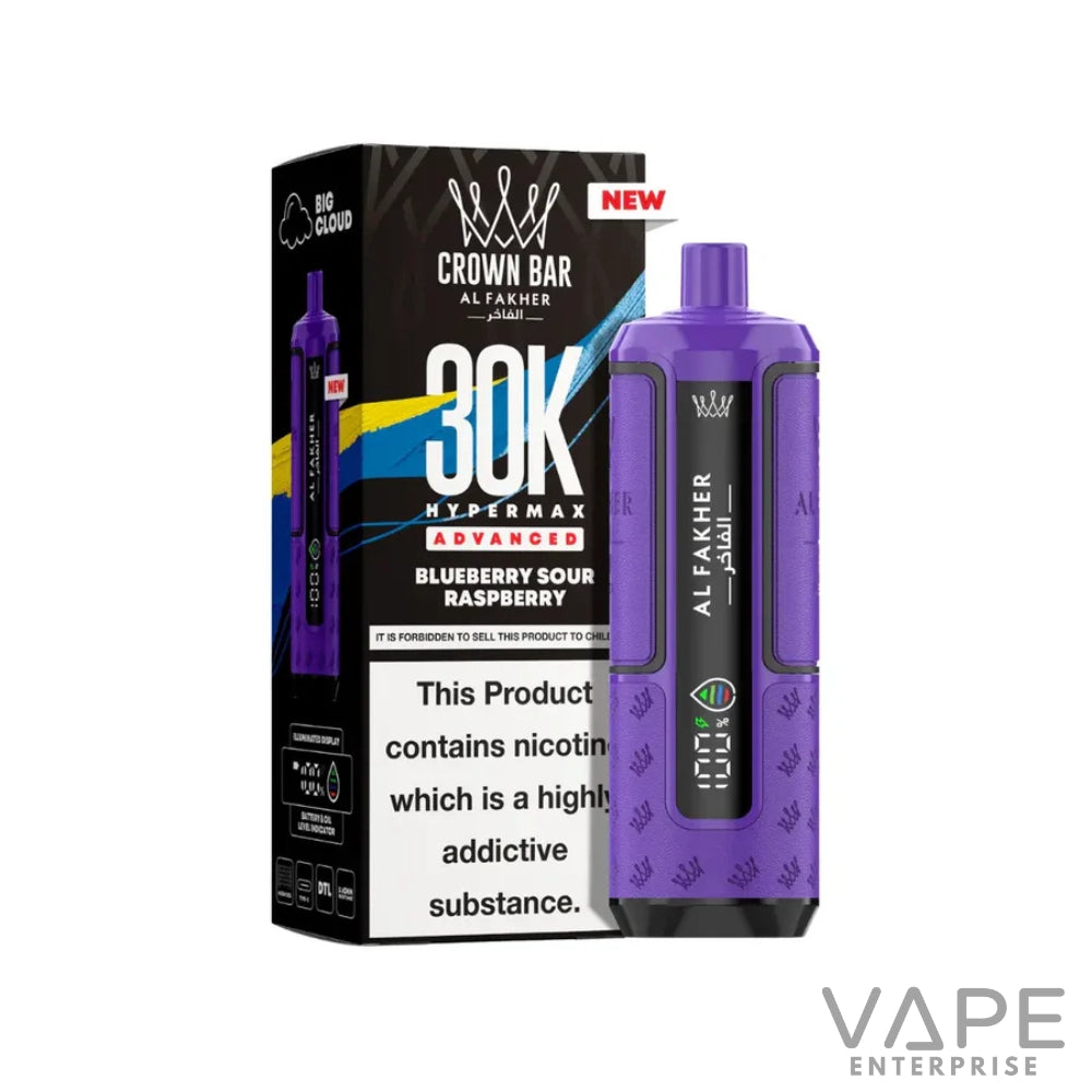 Purple Crown Bar Al Fakher 30K Hypermax Advanced vape device with blueberry sour raspberry flavor