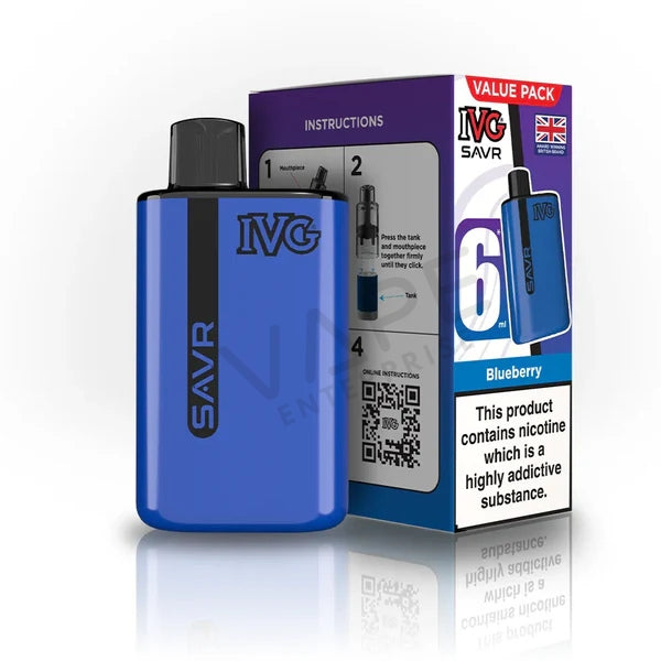 Blueberry flavored IVG SAVR 6ml vape device with packaging and nicotine warning on white background