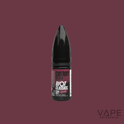Vape juice bottle labeled 'Cherry Sour' by 'Riot Classics' on a maroon background.