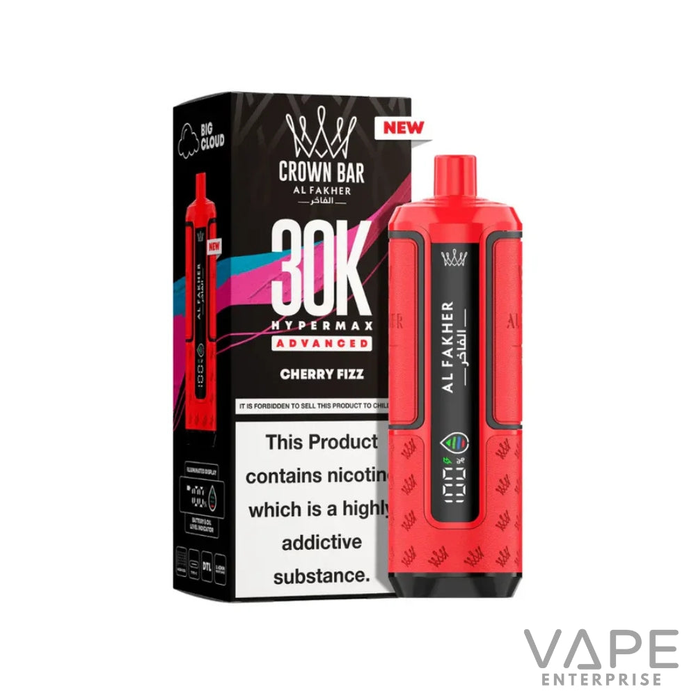 Red Al Fakher Crown Bar 30K Hypermax Advanced Cherry Fizz vape device with packaging