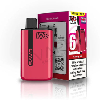 Red IVG SAVR Cherry Ice 6ml vape device with packaging and nicotine warning label