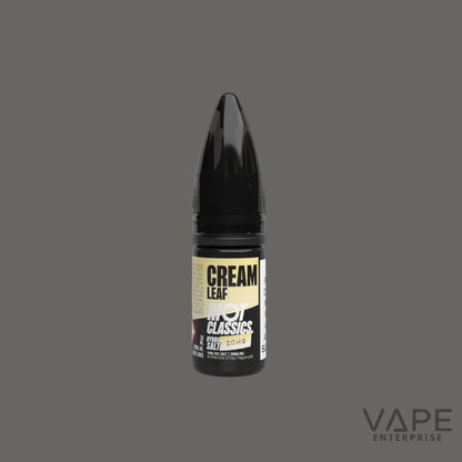 Black vape device with 'Cream Leaf' label on a gray background