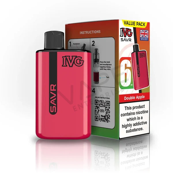 IVG SAVR Double Apple 6ml nicotine vape device red and black with packaging and health warning