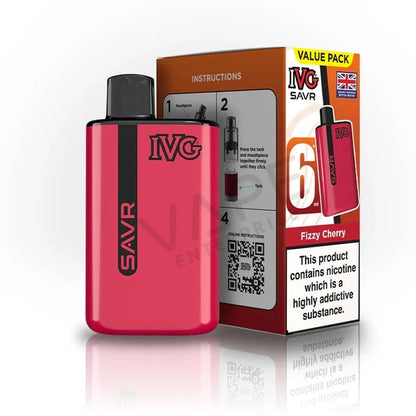 IVG SAVR Fizzy Cherry 6ml nicotine vape device with red and black design and packaging