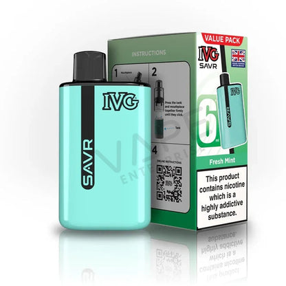 IVG SAVR Fresh Mint 6ml nicotine vape device with green packaging and health warning