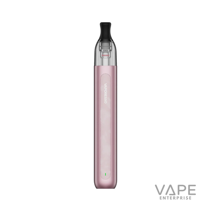 Sleek frost pink Vaporesso vape pen with transparent mouthpiece and vape enterprise logo