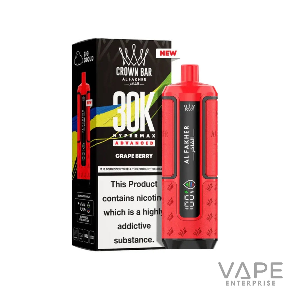 Red Al Fakher Crown Bar 30K Hypermax disposable vape with grape berry flavor and packaging