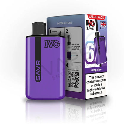 Purple IVG SAVR Grape Ice disposable vape device and box with nicotine warning and UK flag