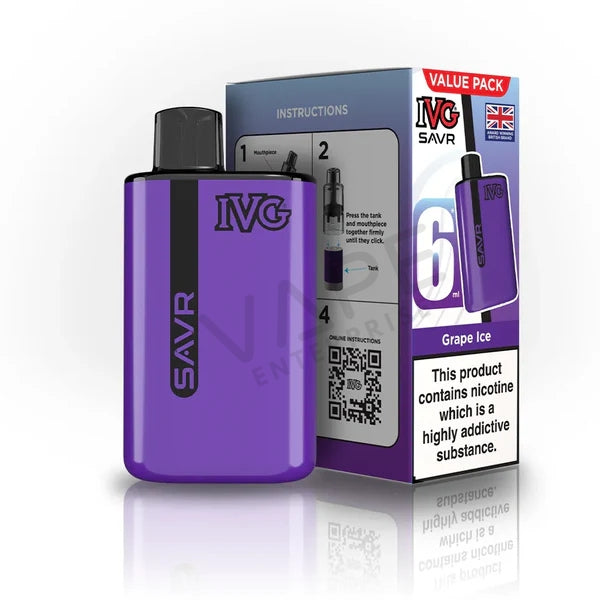 Purple IVG SAVR Grape Ice disposable vape device and box with nicotine warning and UK flag