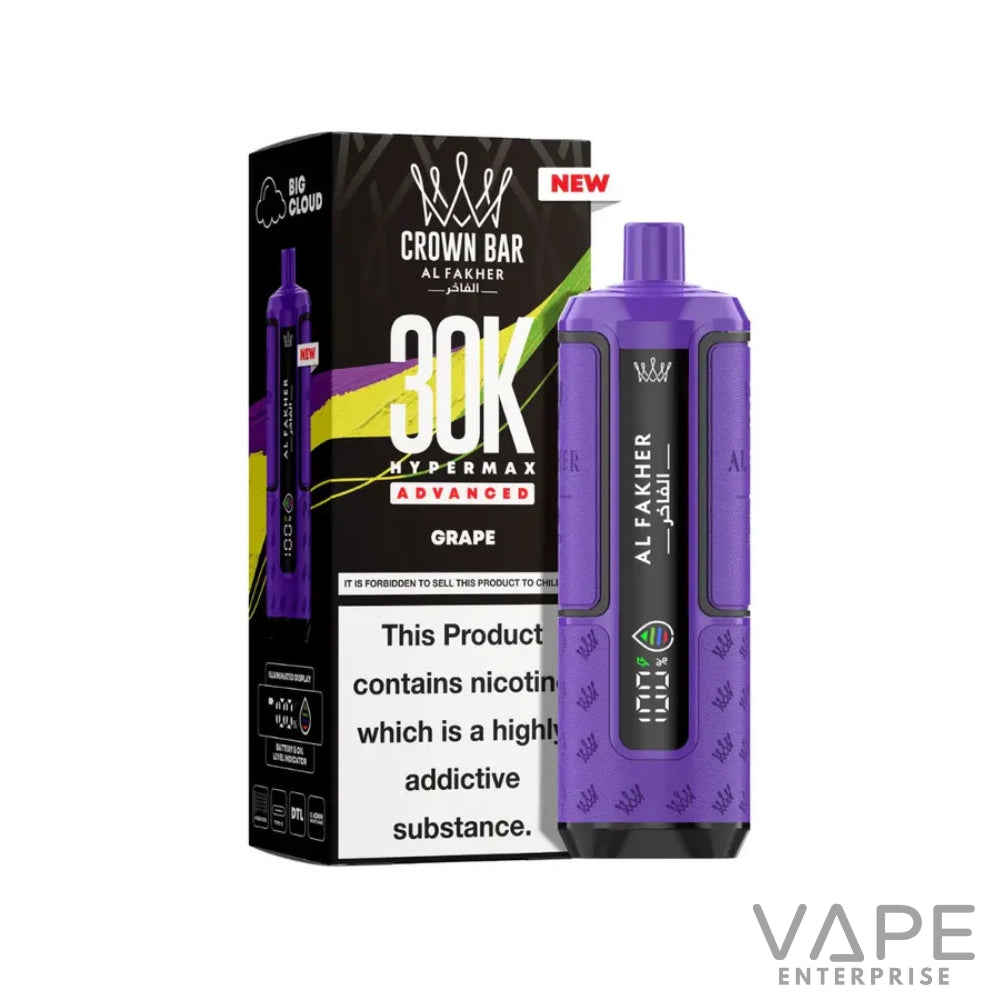 Purple Crown Bar Al Fakher 30K Hypermax Advanced disposable vape with grape flavor packaging