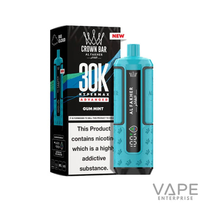 Crown Bar Al Fakher 30K Hypermax Advanced Gum Mint disposable vape in blue with nicotine warning