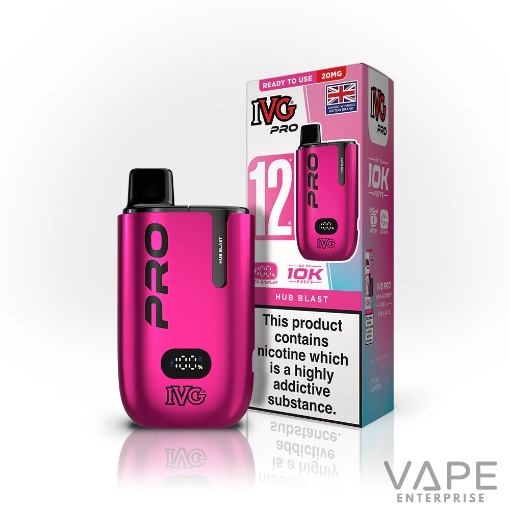 IVG Pro Hub Blast 20mg disposable vape device with box showing 12ml, 10K puffs, and nicotine warning