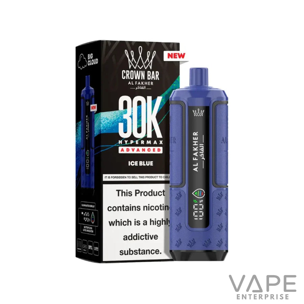Crown Bar Al Fakher 30K Hypermax Advanced Ice Blue vape device with packaging and nicotine warning