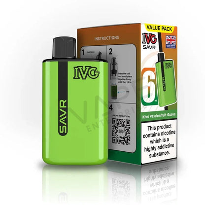 Green IVG SAVR disposable vape device next to Kiwi Passionfruit Guava flavor box with nicotine warning