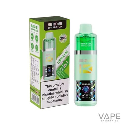 SKE 30K Pro Max Lemon Lime disposable vape with packaging showcasing 2-in-1 flavor and nicotine warning