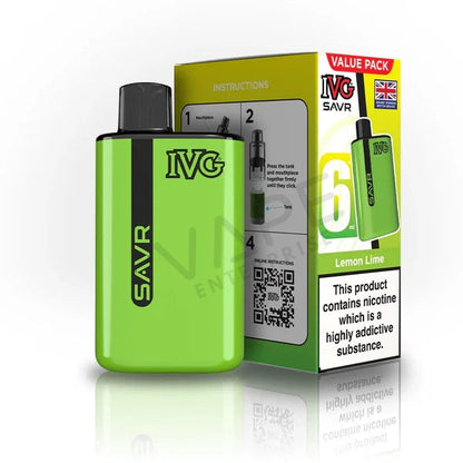 IVG SAVR Lemon Lime 6ml vape device and packaging with nicotine addiction warning