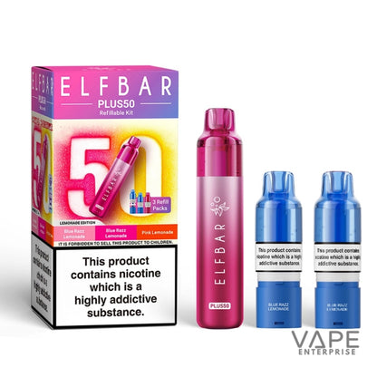 Elf Bar Plus50 refillable kit with pink and blue vapes and packaging on a white background.