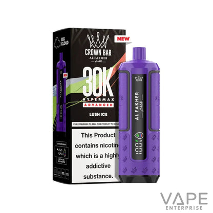 Purple Al Fakher Crown Bar 30K Hypermax Advanced Lush Ice vape device with black packaging