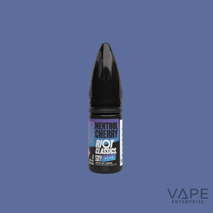 Vape juice bottle with 'Menthol Cherry' flavor on a blue background