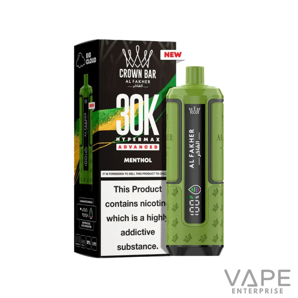 Green Al Fakher Crown Bar 30K Hypermax Advanced menthol disposable vape with black and green box