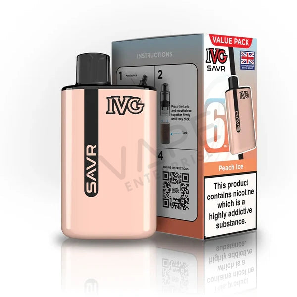 IVG SAVR Peach Ice 6ml vape device and packaging with nicotine warning and British flag