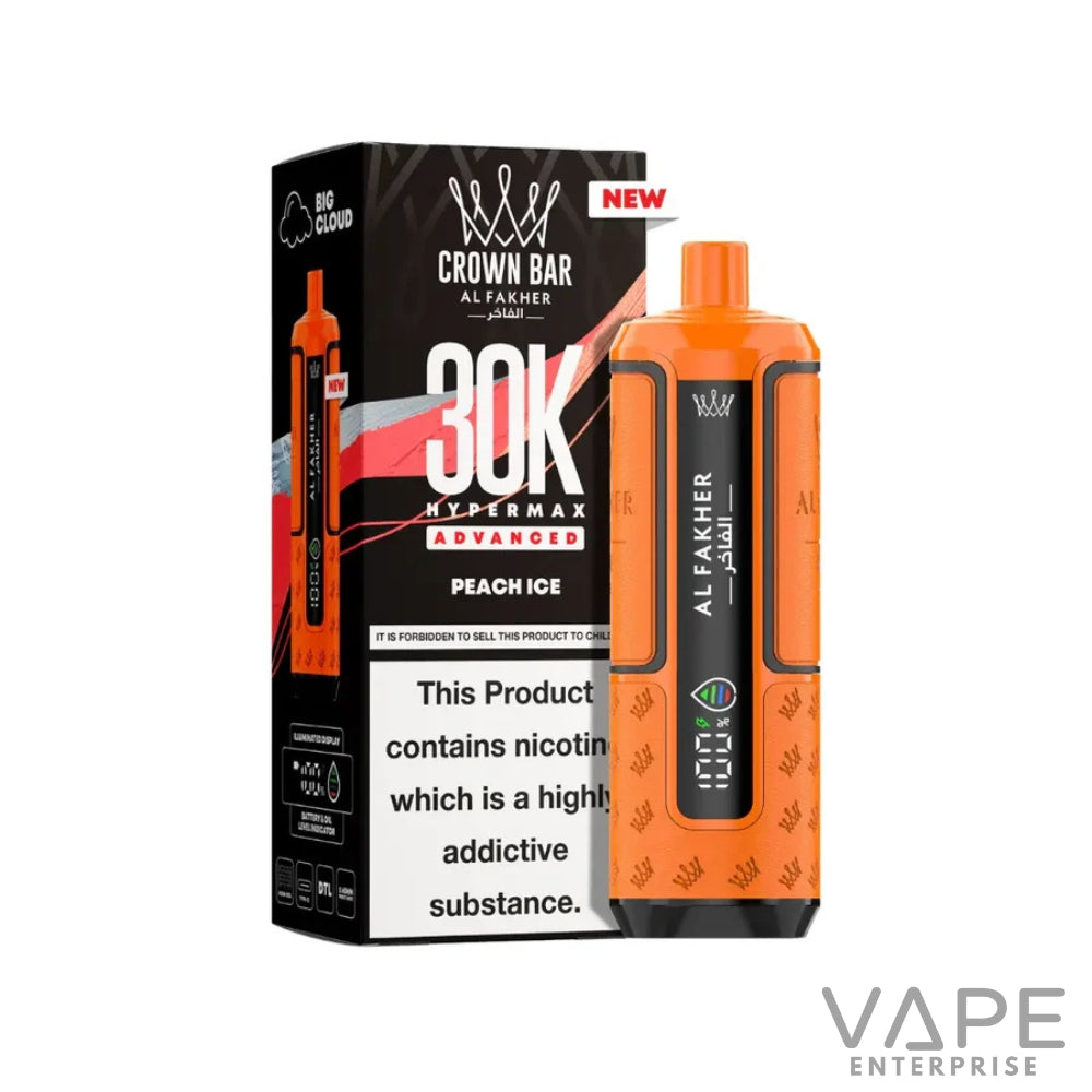 Crown Bar Al Fakher 30K Hypermax disposable vape in peach ice flavor with black and orange packaging
