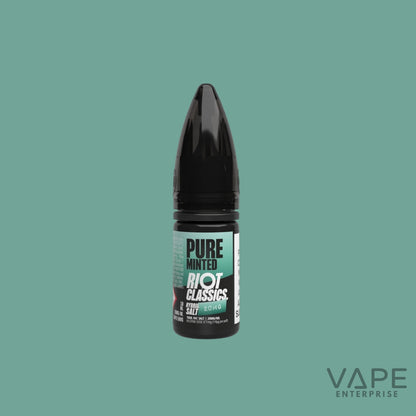Vape juice bottle with 'Pure Minted' label on a green background