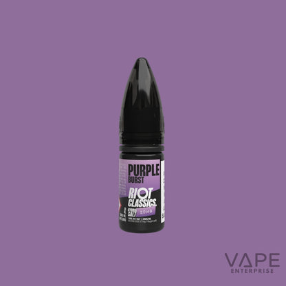 Vape juice bottle labeled 'Purple Burst' by Riot Classics on a purple background