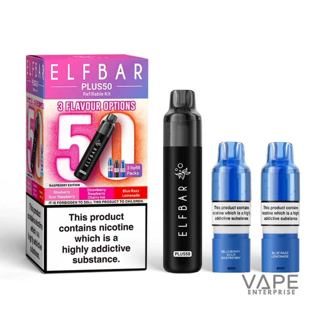 Elf Bar Plus50 vaping device and packaging on a white background