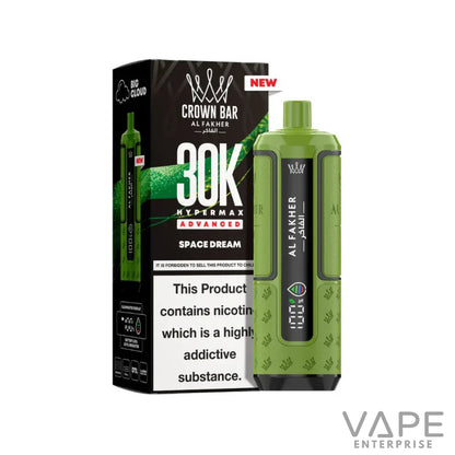 Green Al Fakher Crown Bar 30K Hypermax Space Dream vape device with black packaging