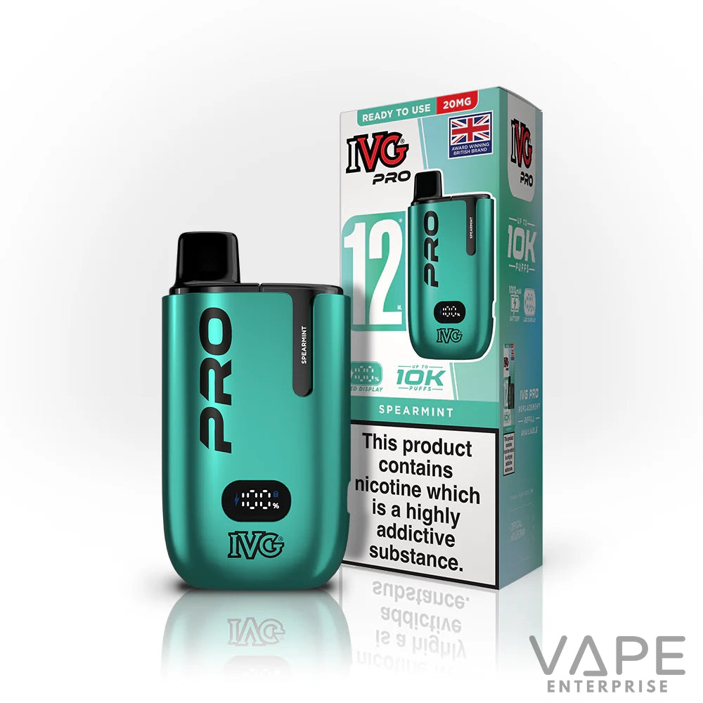 IVG Pro spearmint disposable vape device and packaging with 20mg nicotine and 10K puffs