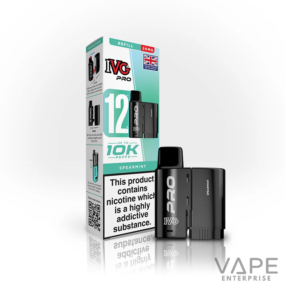 IVG Pro 12 disposable vape device and spearmint flavor packaging with 20mg nicotine, up to 10k puffs