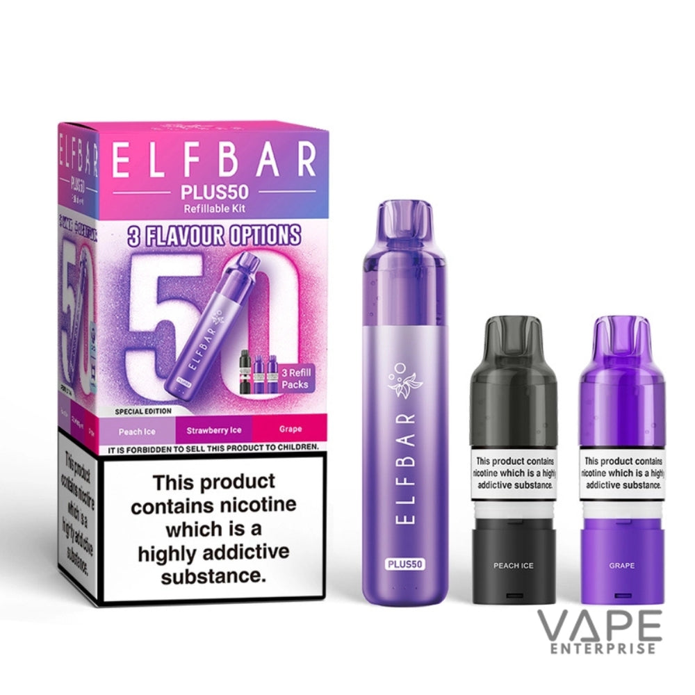 Elf Bar Plus50 vape kit with packaging and three vapes on a white background