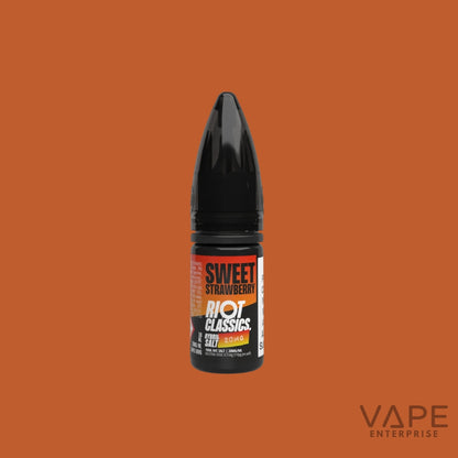 Vape juice bottle labeled 'Sweet Strawberry' by Riot Classics on an orange background