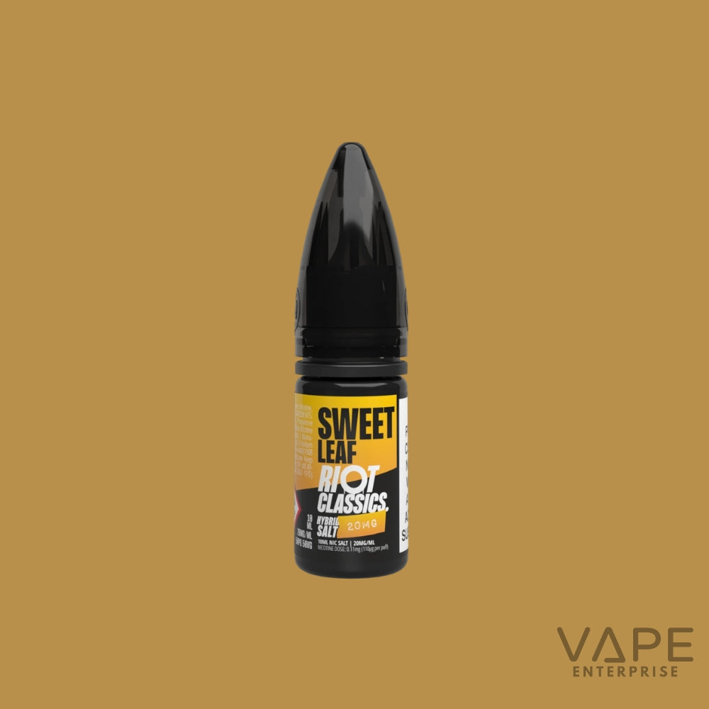 Vape juice bottle labeled 'Sweet Leaf Hot Classics' on a beige background
