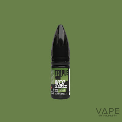 Vape juice bottle labeled 'Triple Mint Riot Classics' on a green background