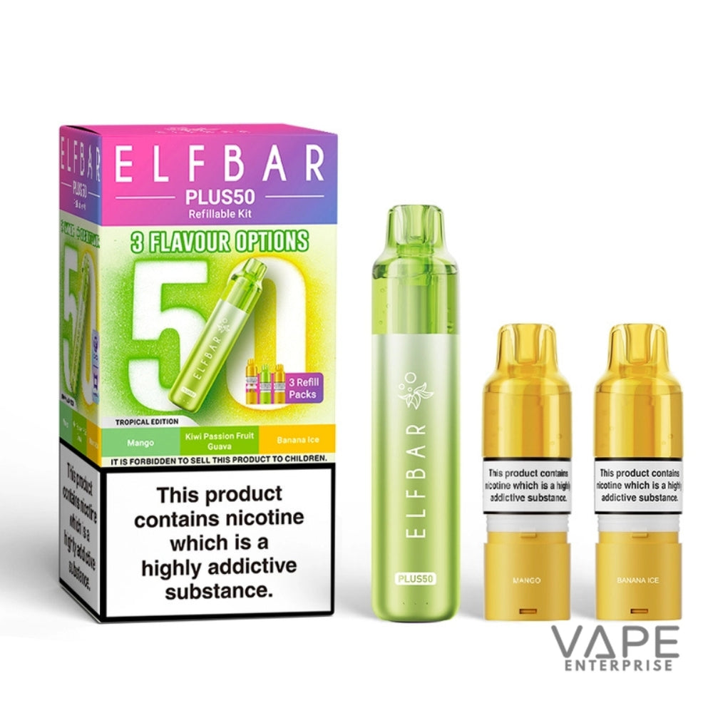 Elf Bar Plus50 vape kit with packaging and nicotine warning label on a white background