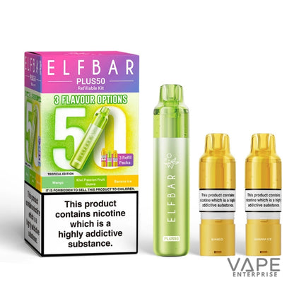 Elf Bar Plus50 vape kit with packaging and nicotine warning label on a white background