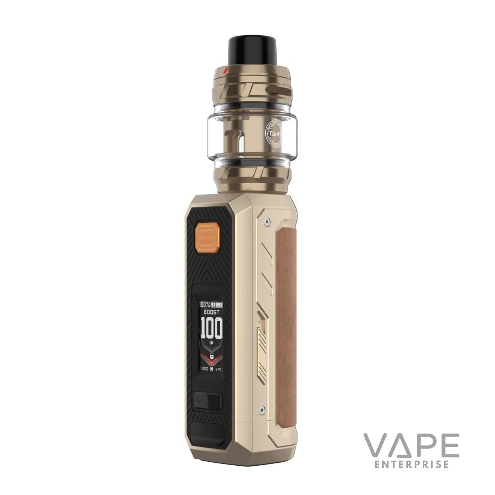 Vaporesso Armour Ultra vape device in dune gold with 100W boost digital display and leather grip