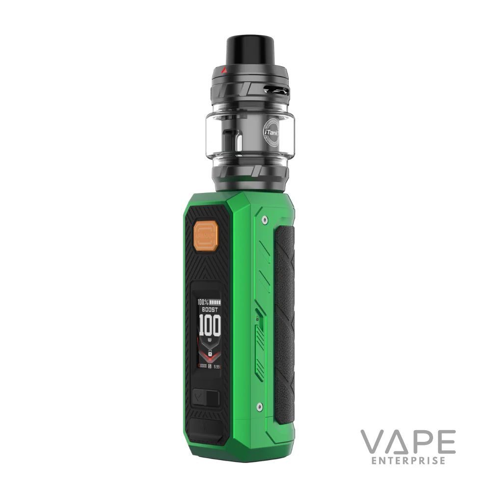 Emerald green Vaporesso Armour Ultra vape device with black iTank and digital display showing 100W power