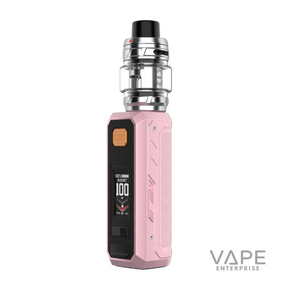Light pink Vaporesso Armour Ultra vape mod with clear tank and digital display showing 100 watts