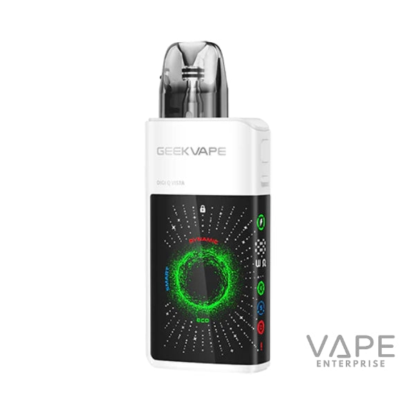 WhiteDigi-QVista Geekvape device with digital display on a white background