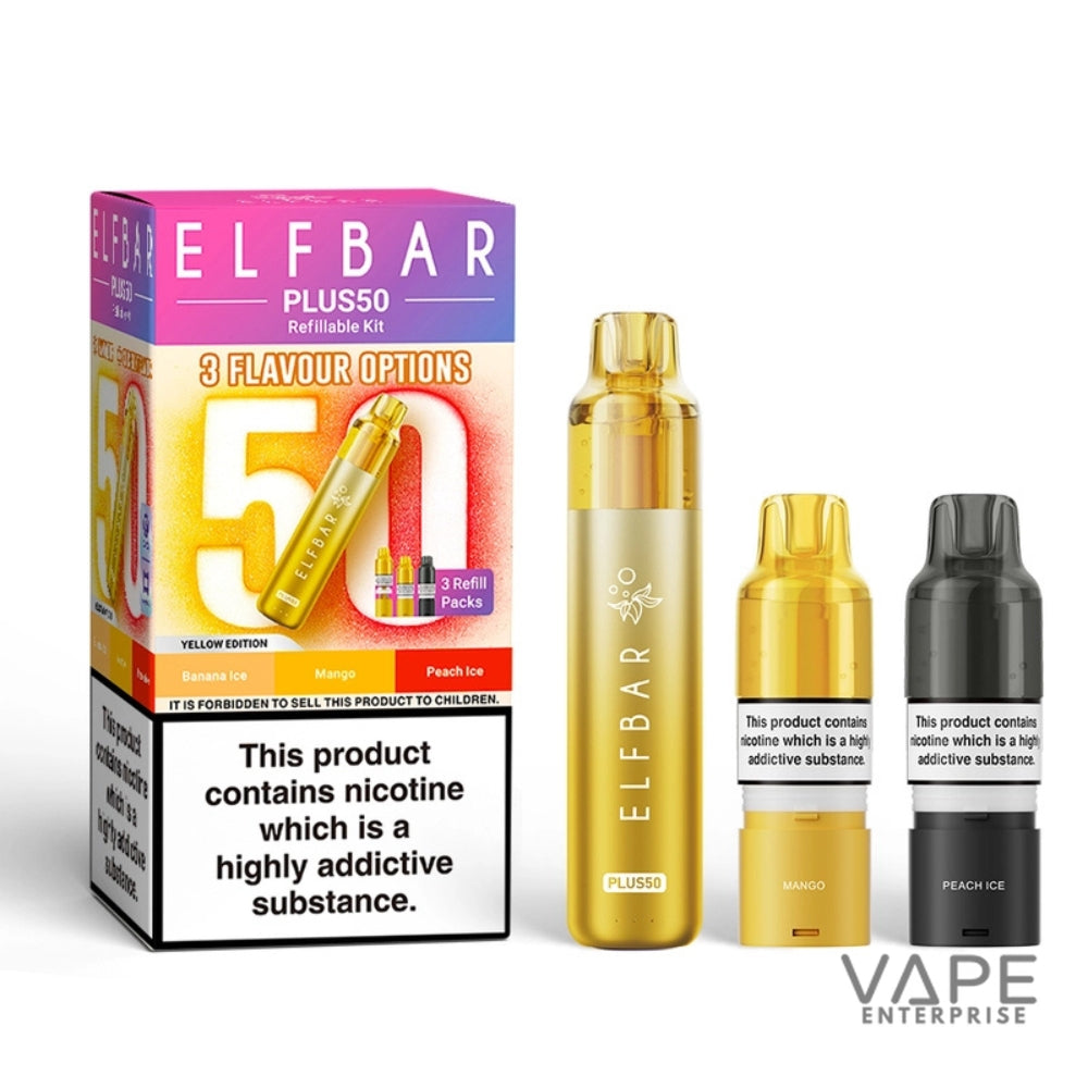 Elf Bar Plus50 vaping device and packaging on a white background