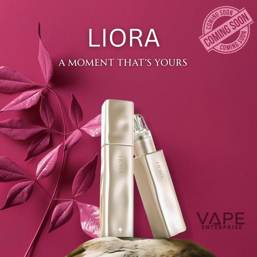 LIORA vape devices with pink leaves on a pink background, featuring the brand 'VAPE ENTERPRISE'.