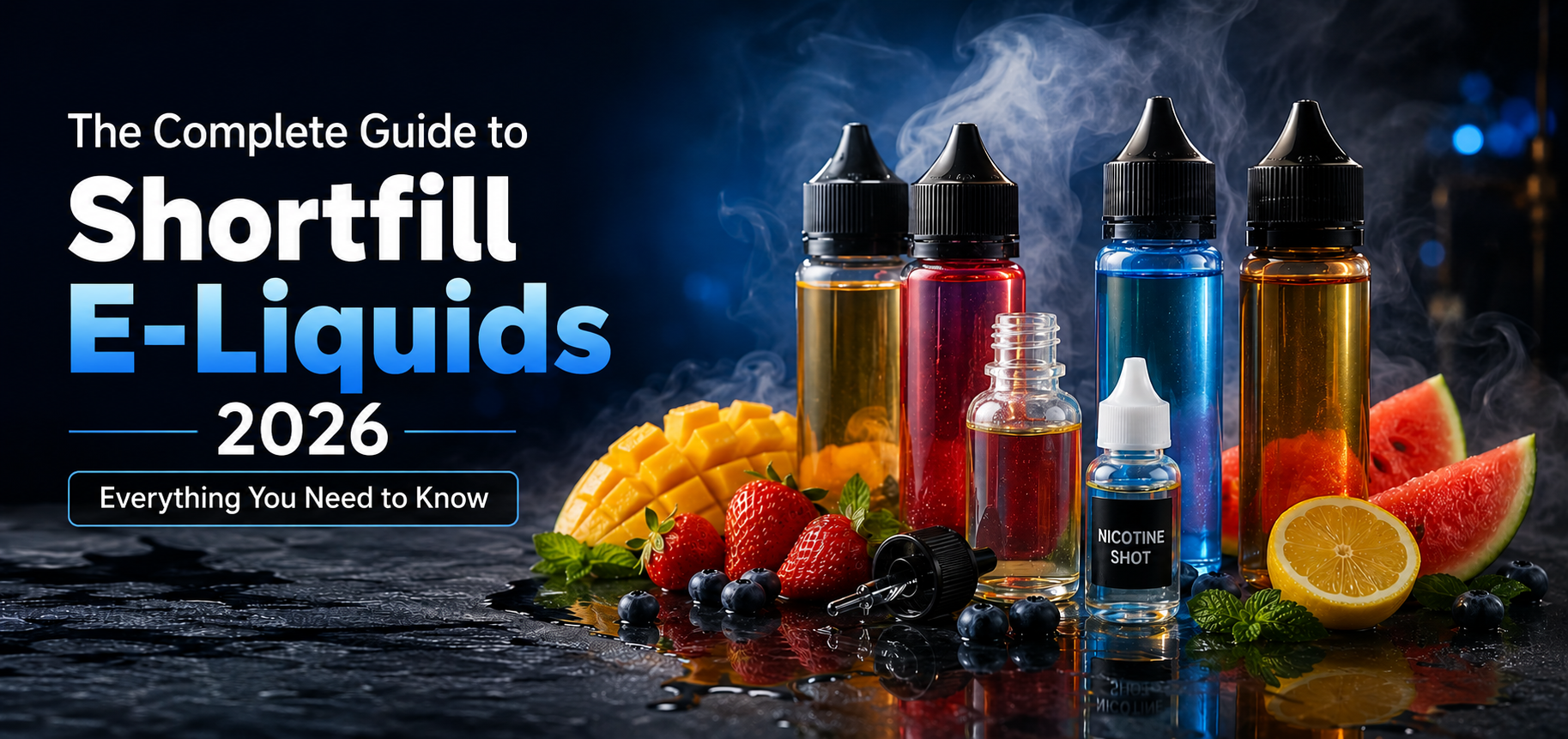 Shortfill e-liquid bottles with nicotine shots, fruits, and text