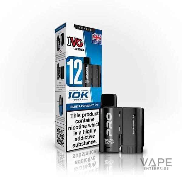 IVG Pro Blue Raspberry Ice disposable vape 12mg nicotine with up to 10K puffs and UK flag on box